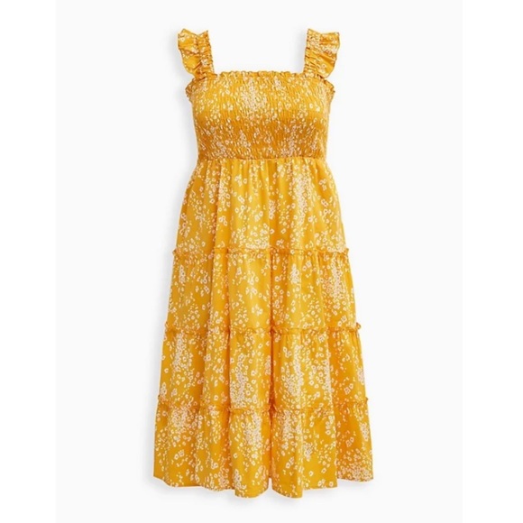 TORRID NWT SMOCKED TIERED MIDI DRESS - POPLIN LEOPARD YELLOW - Picture 1 of 7